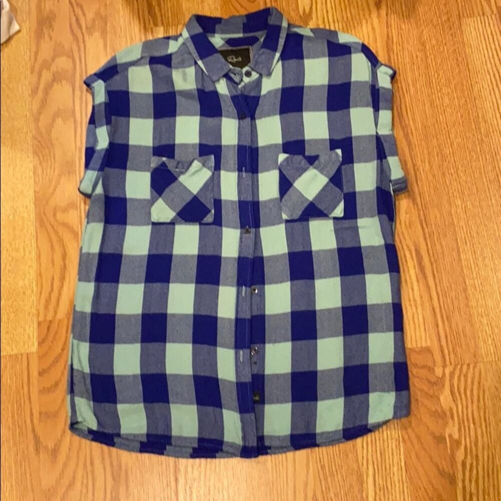 Rails Britt Short Sleeve Blue & Mint Plaid Flannel Button Down Top (size M)